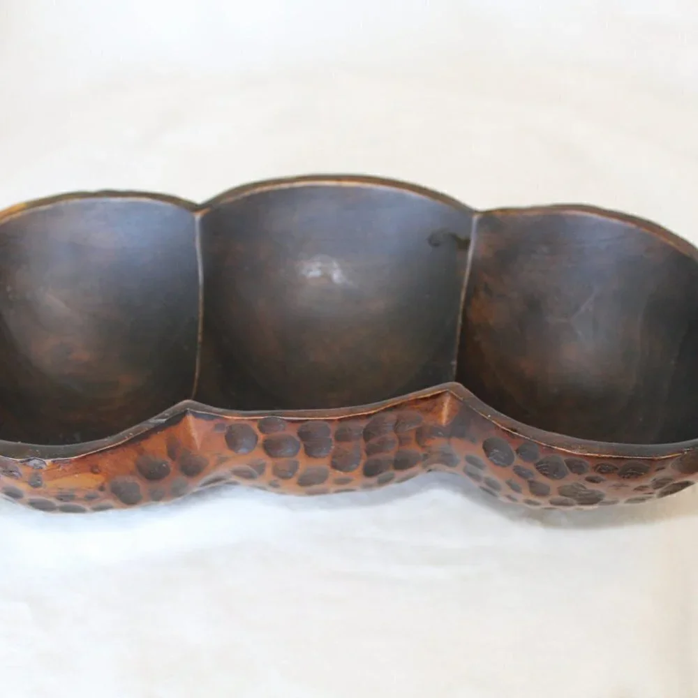 Vintage peanut shape fine wooden bowl carved animal print texture divided dish